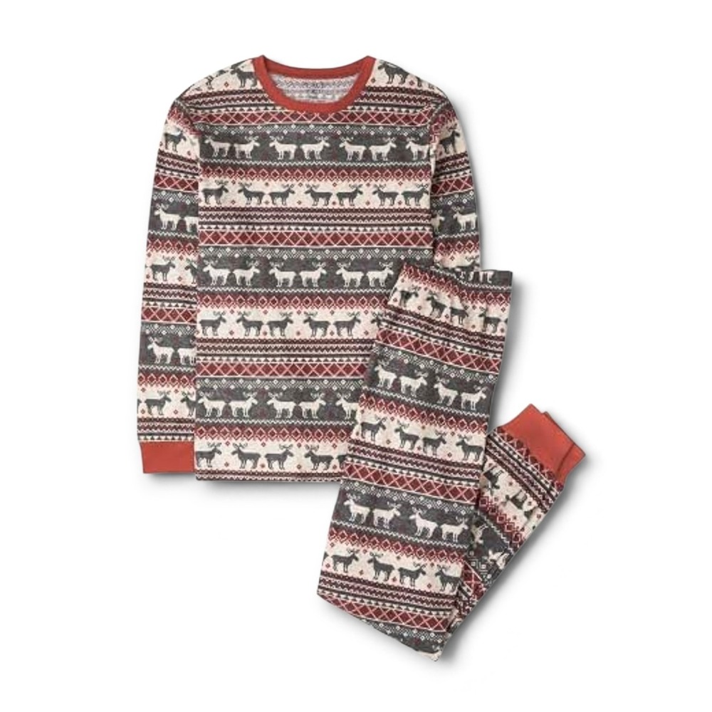 PJ Place Adult Pajama Set XS Red Gray Fair Isle Moose Waffle Christmas NEW